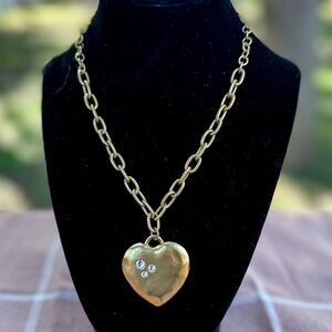 Antiqued Gold Puffy Heart Pendant CZ Necklace